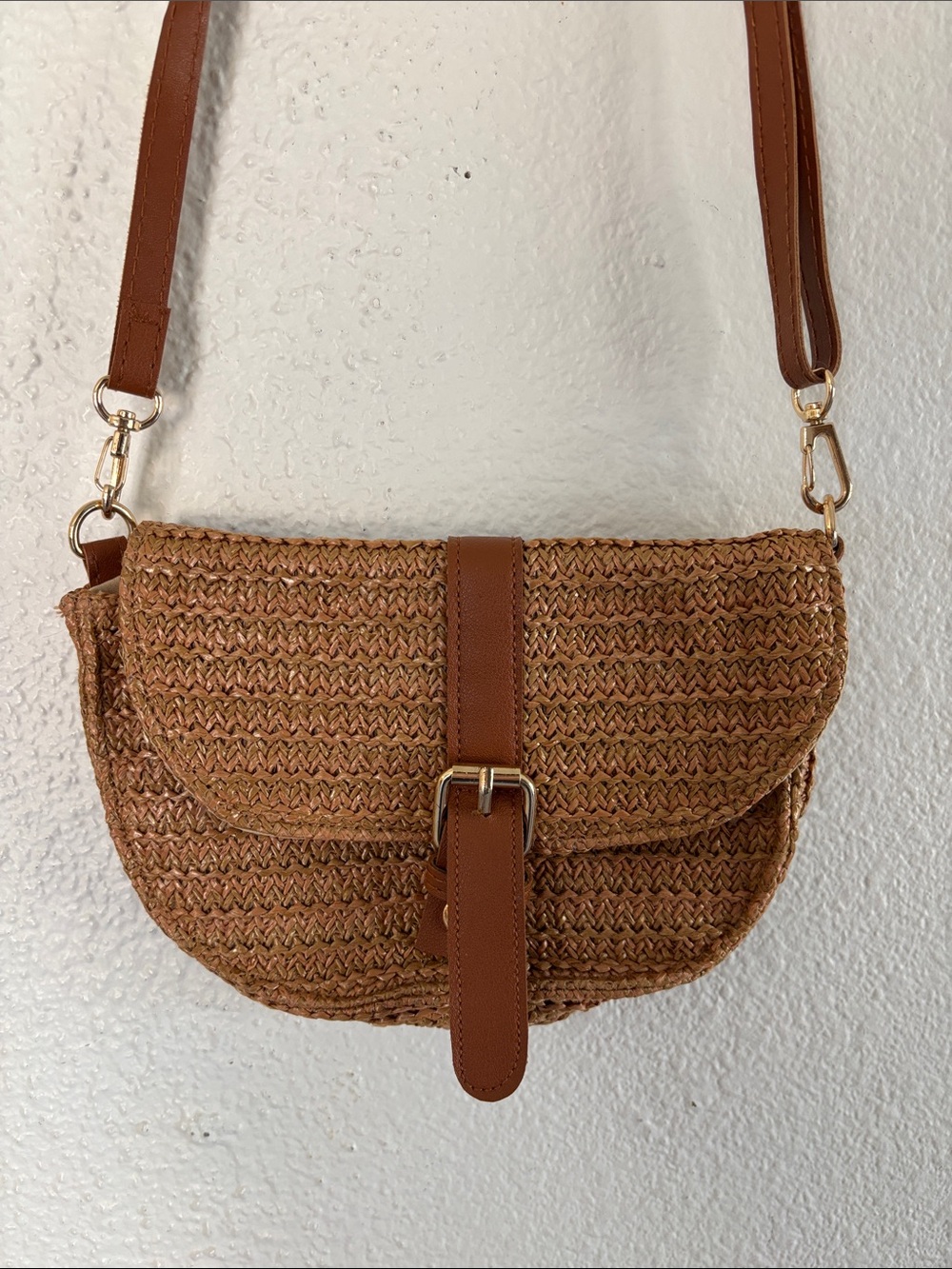 Woven Saddle Crossbody Bag in Brown with Buckle Strap